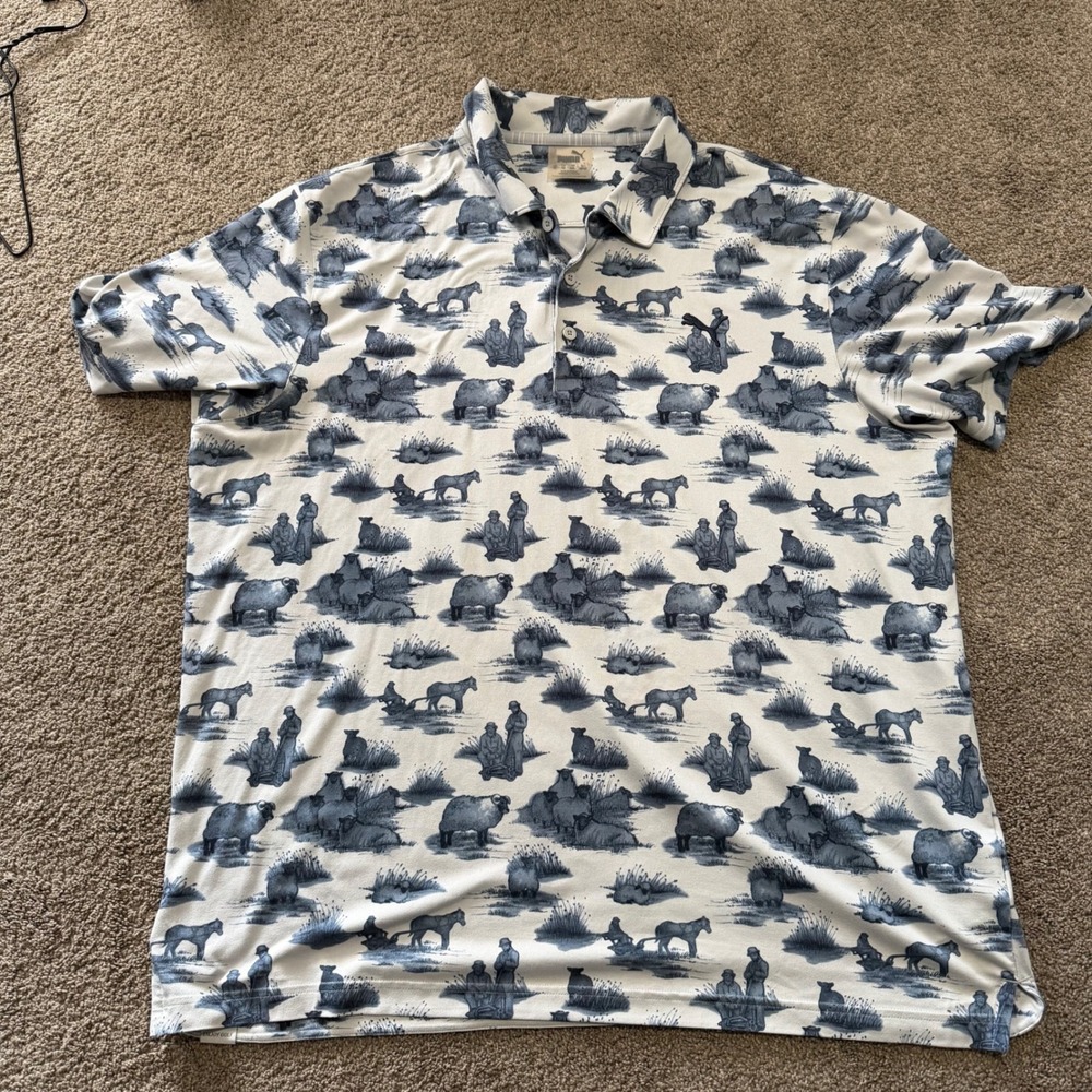 Puma Enjoy Golf Polo Shirt XL US Mens Western Cowboy Sheep Farm Print White Blue